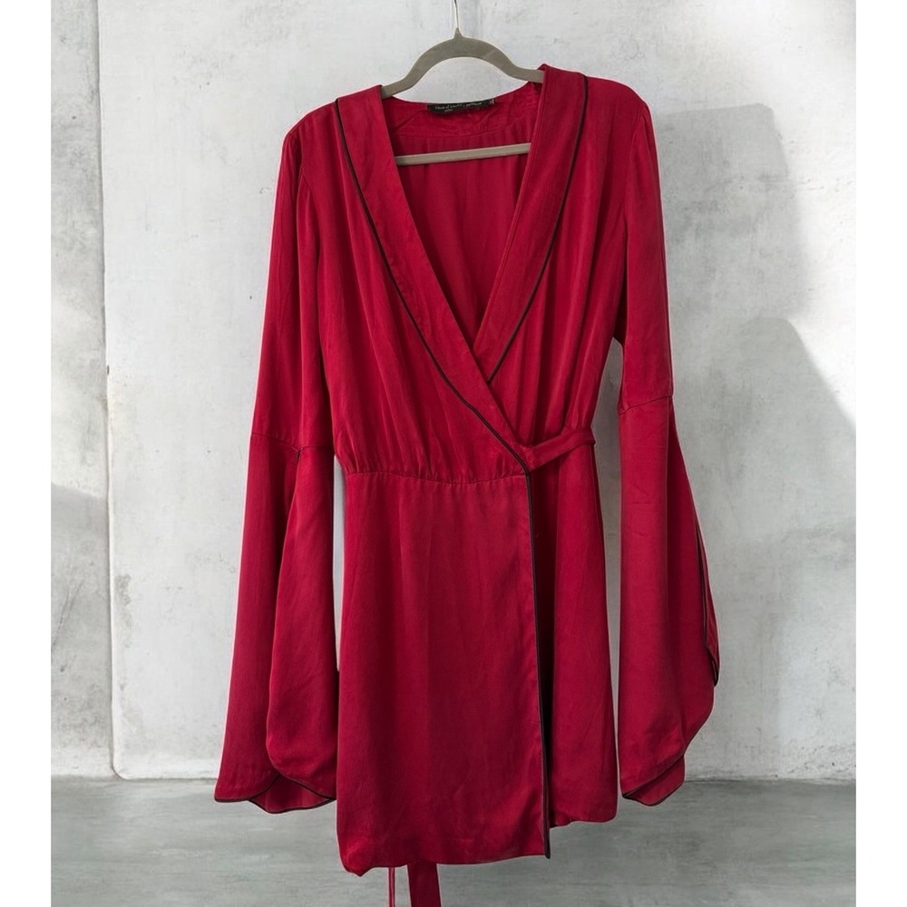 House of Harlow 1960 x Revolve Silky Red Boho Bell Sleeve Wrap Dress Large - Picture 2 of 16